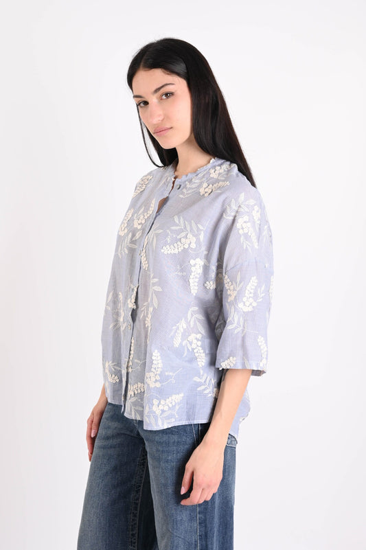 Camicia a Righe con Ricami in Cotone – Maniche Corte Made in Italy