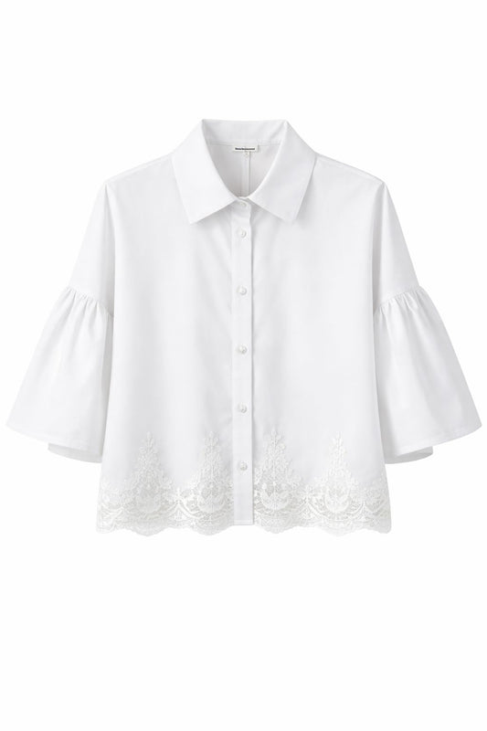 Camicia Bianca con Maniche a Sbuffo e Passamaneria Ricamata Made in Italy