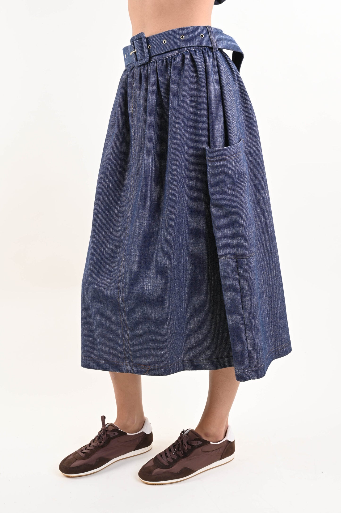 Gonna Midi Denim con Cintura e Tasche