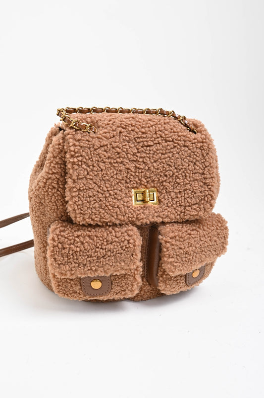 Zaino Teddy con Tasche Frontali e Dettagli Dorati – Coffee