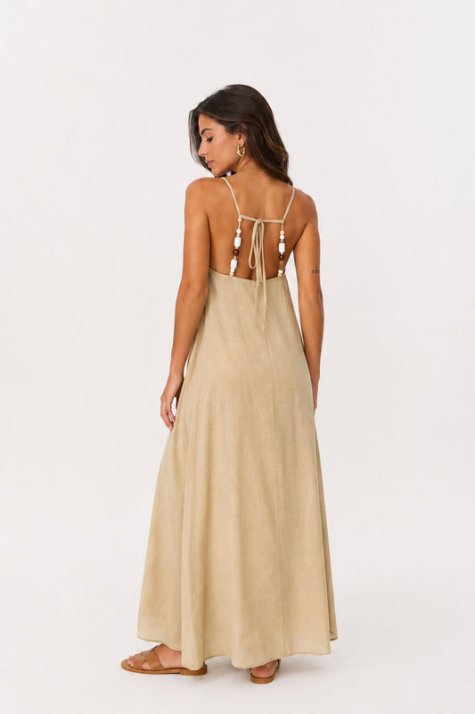 Abito Lungo Beige in Misto Lino con Maxi Perline sul Retro Made in Italy