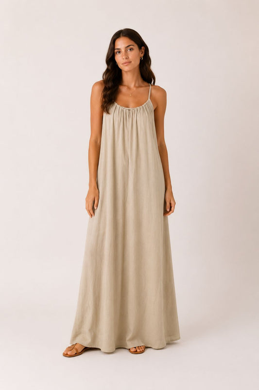Abito Lungo Beige in Misto Lino con Maxi Perline sul Retro Made in Italy