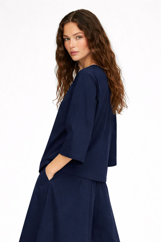 Blusa in Popeline di Cotone con Maniche Corte e Scollatura a Goccia – Made in Italy