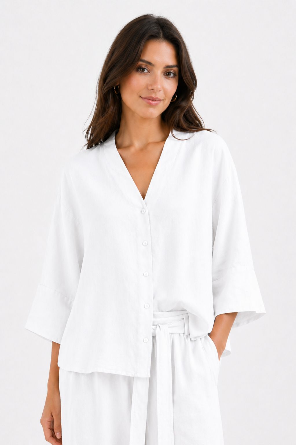 Camicia in Misto Lino con Collo Coreana – Made in Italy