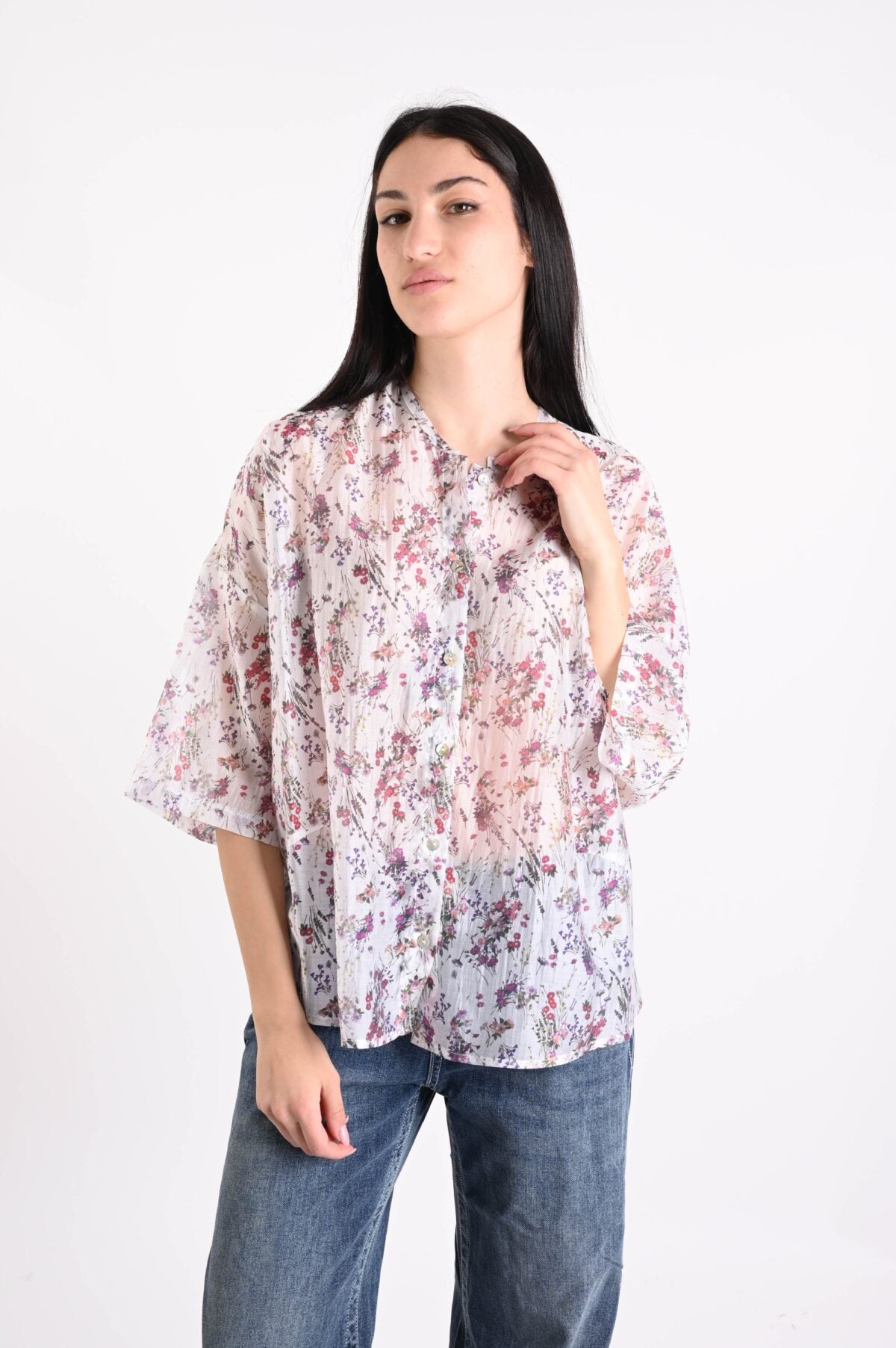 Camicia Coreana Stampa Floreale in Lyocell – Made in Italy