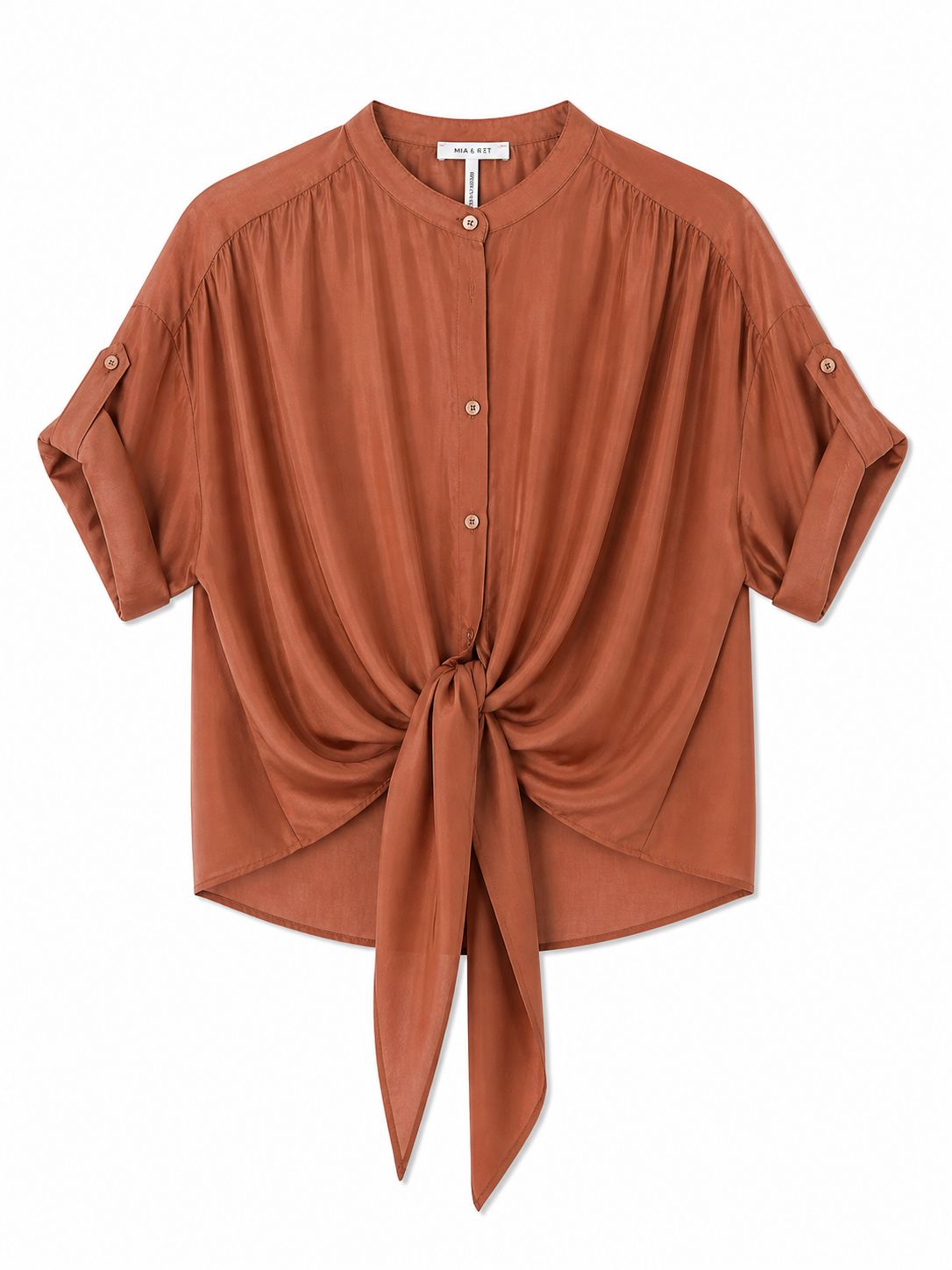 Blusa con Nodo Frontale e Maniche Regolabili – Made in Italy