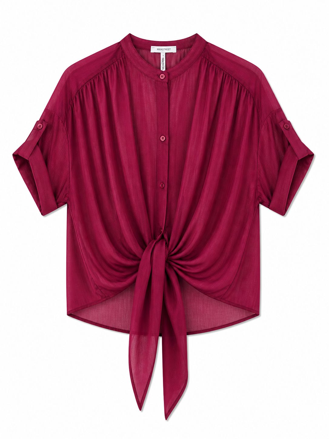 Blusa con Nodo Frontale e Maniche Regolabili – Made in Italy