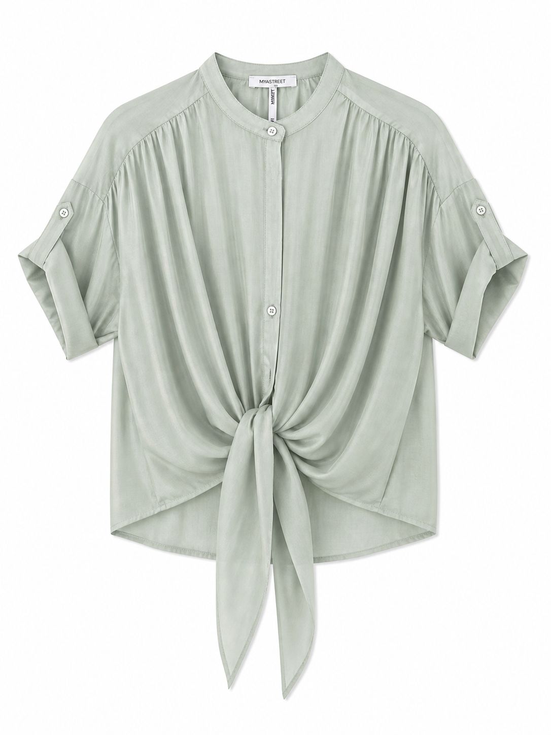 Blusa con Nodo Frontale e Maniche Regolabili – Made in Italy