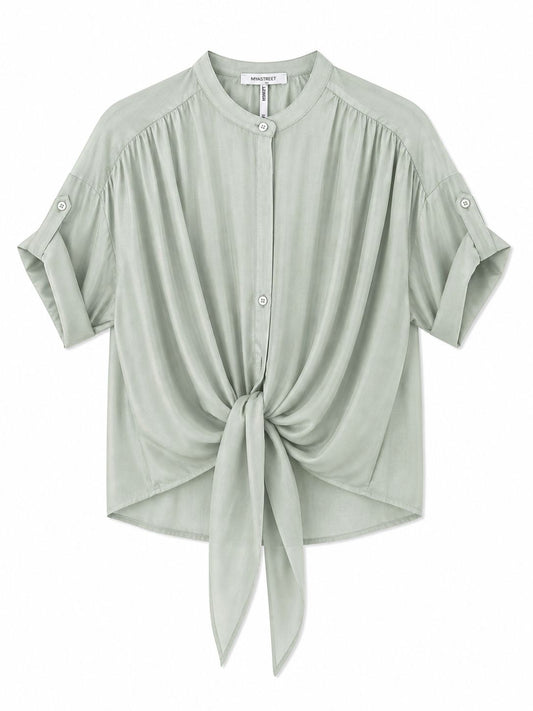 Blusa con Nodo Frontale e Maniche Regolabili – Made in Italy