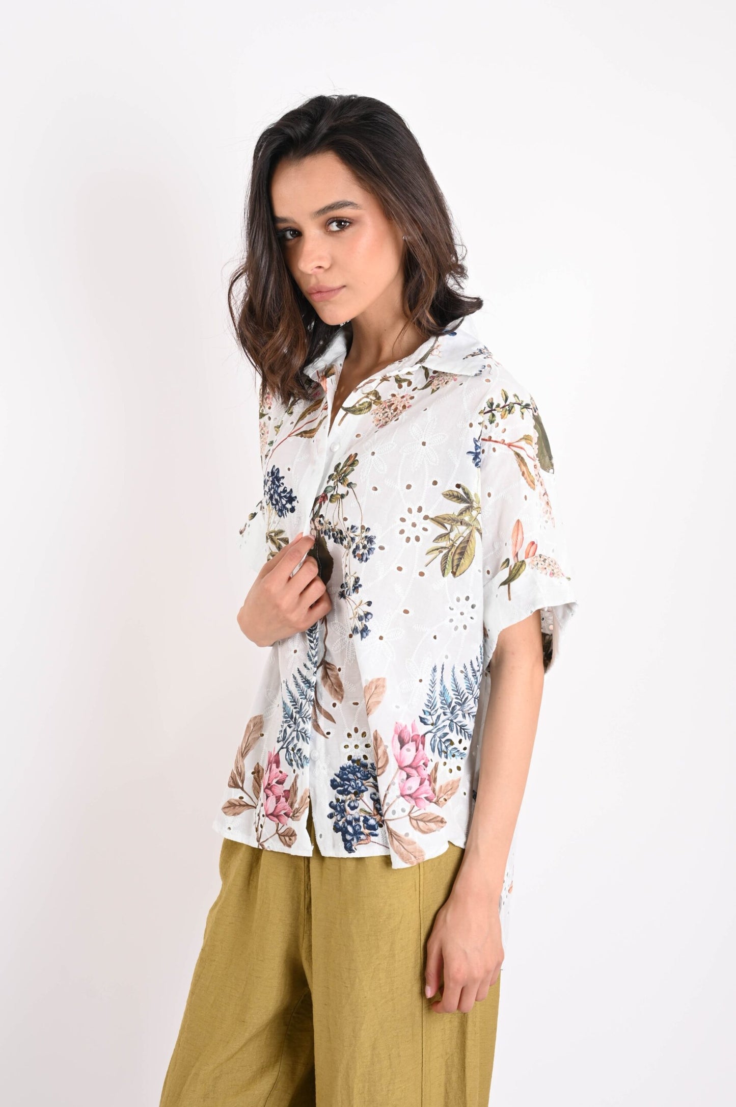 Camicia in Sangallo Asimmetrica con Stampa Floreale – Made in Italy