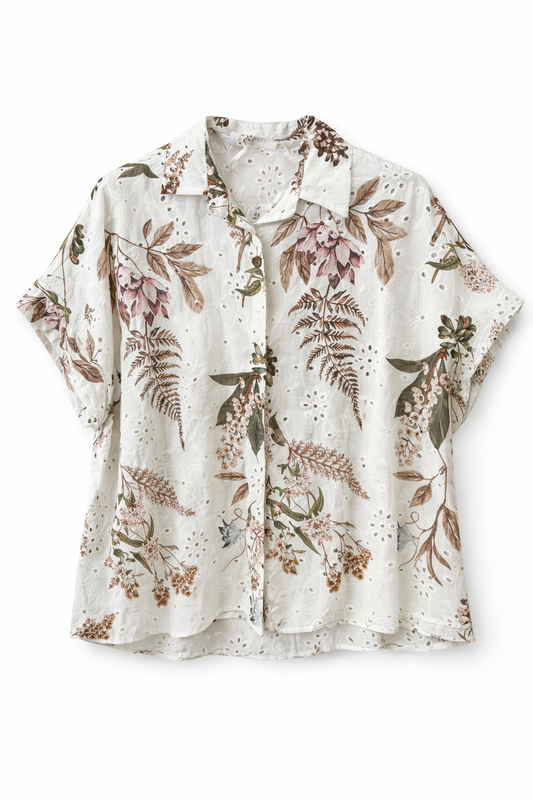 Camicia in Sangallo Asimmetrica con Stampa Floreale – Made in Italy