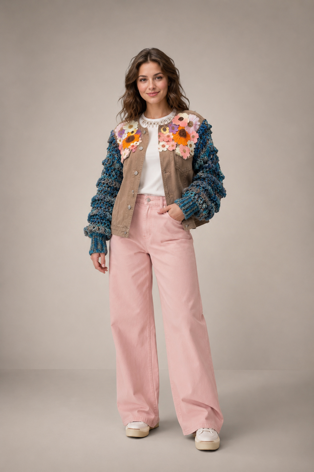 Giacca Denim Handmade con Maniche Crochet e Fiori Ricamati – Pezzo Unico Filù