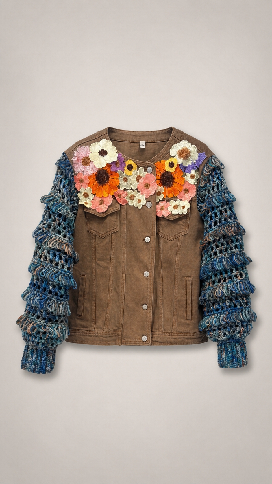 Giacca Denim Handmade con Maniche Crochet e Fiori Ricamati – Pezzo Unico Filù