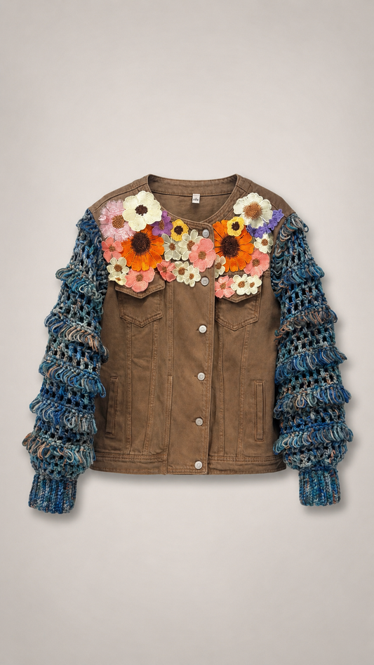 Giacca Denim Handmade con Maniche Crochet e Fiori Ricamati – Pezzo Unico Filù