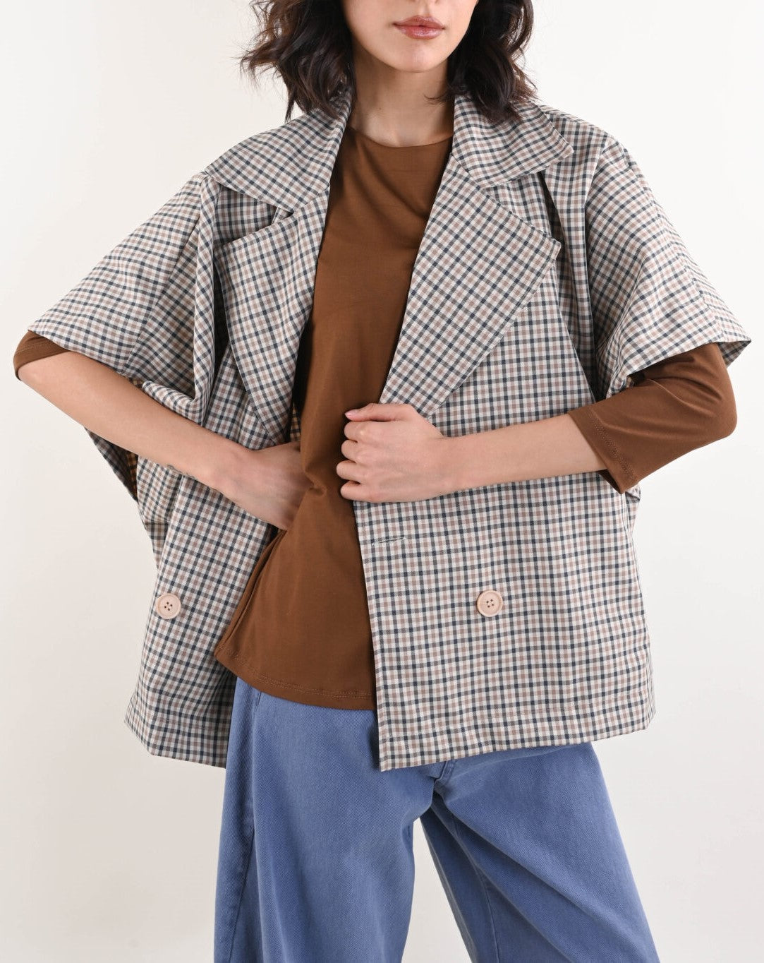 TRENCH CROP SENZA MANICHE A QUADRI