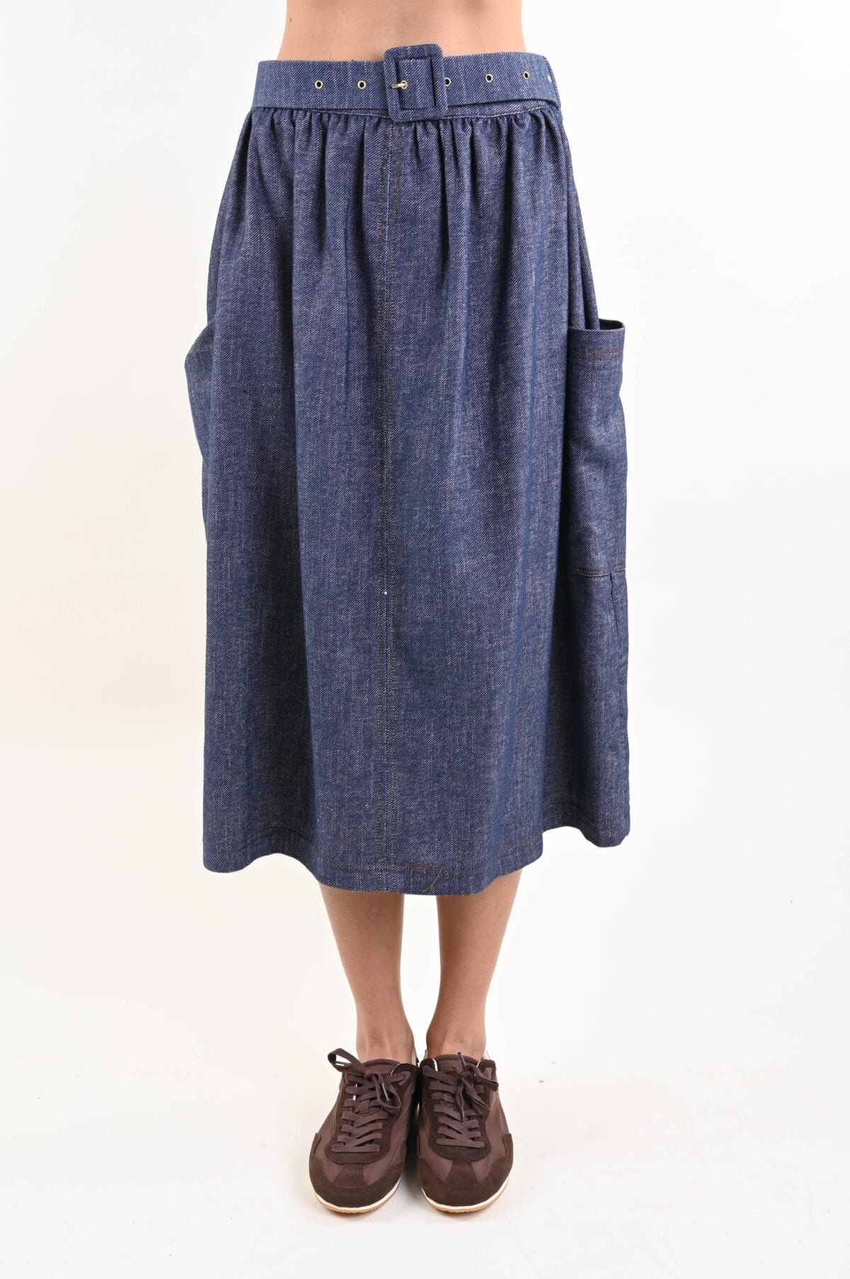 Gonna Midi Denim con Cintura e Tasche