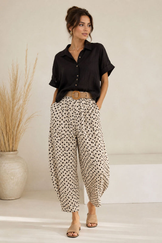 Pantaloni Donna Pois Lino con Cintura Rafia – Made in Italy Filù