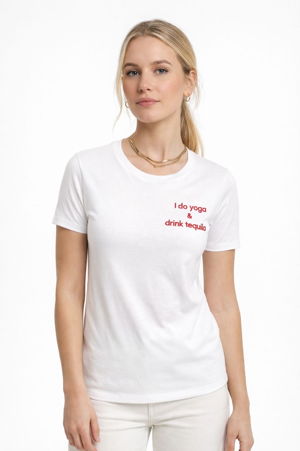 T-Shirt Donna Ricamo “I Do Yoga & I Drink Tequila” – Made in Italy