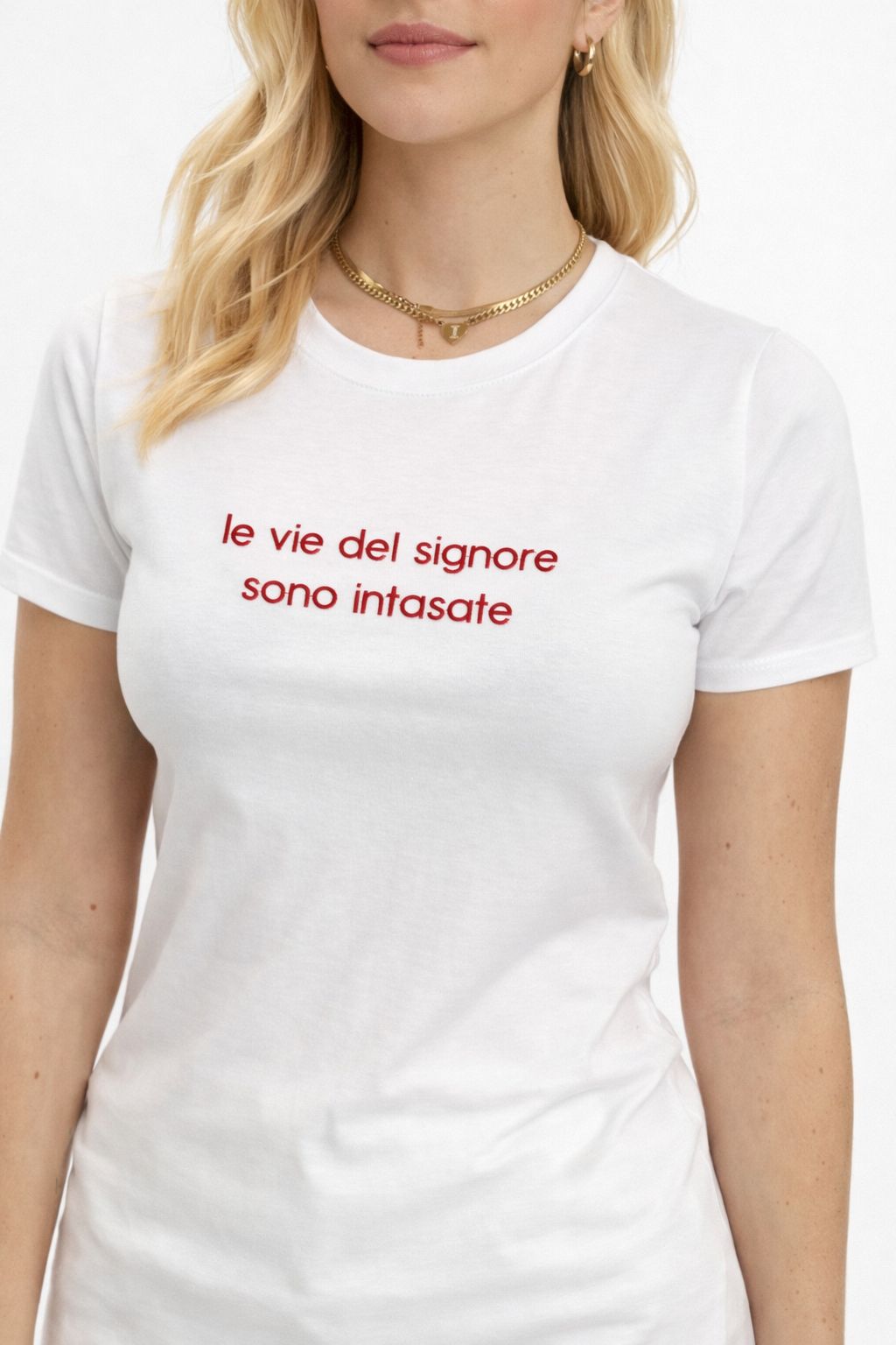 T-Shirt Donna Ricamo “Le Vie del Signore Sono Intasate” – Made in Italy