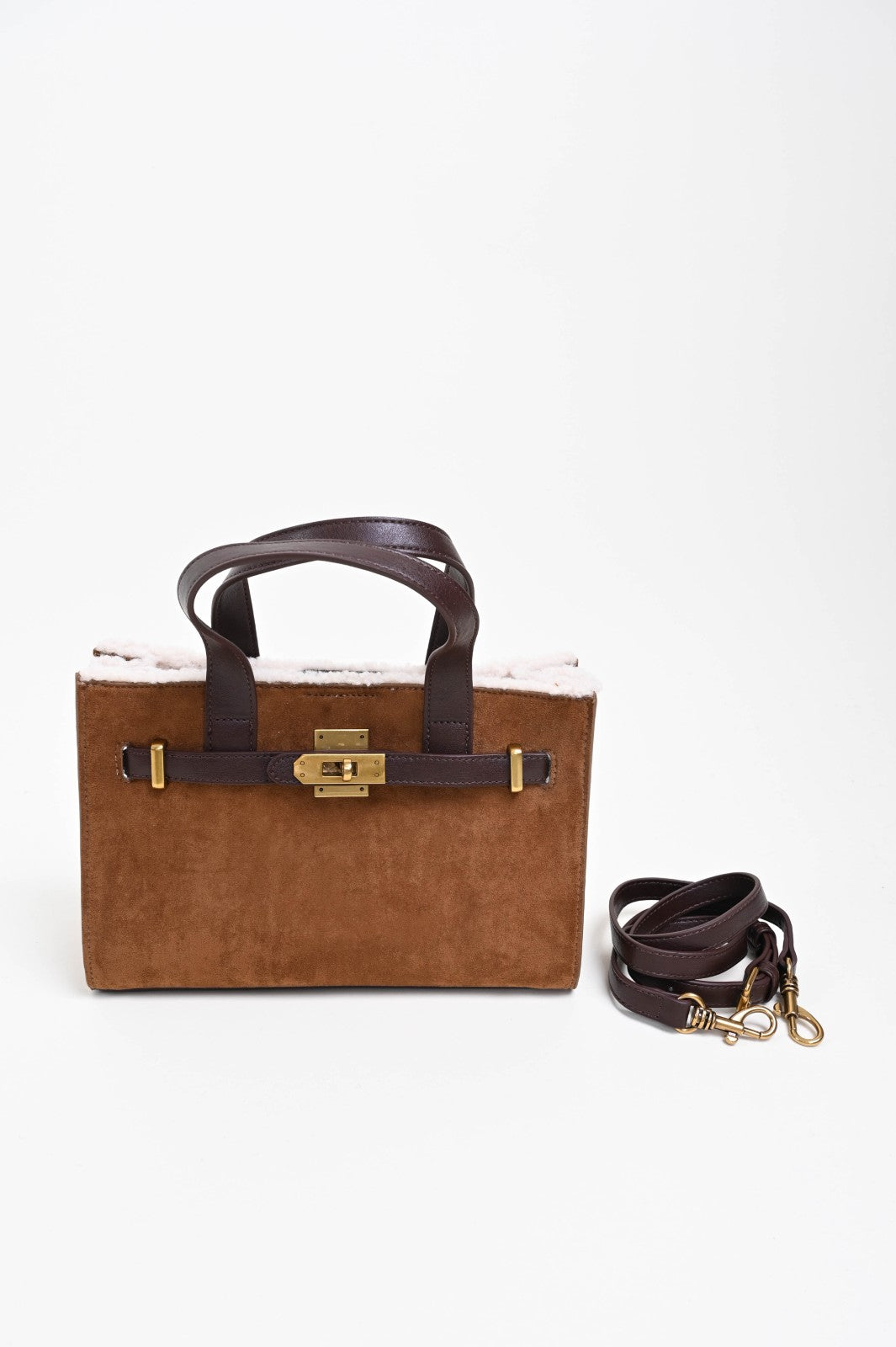 Mini Bag in Ecopelle Scamosciata con Interno Shearling e Pochette