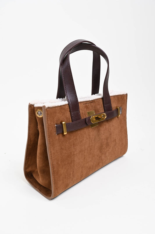 Mini Bag in Ecopelle Scamosciata con Interno Shearling e Pochette