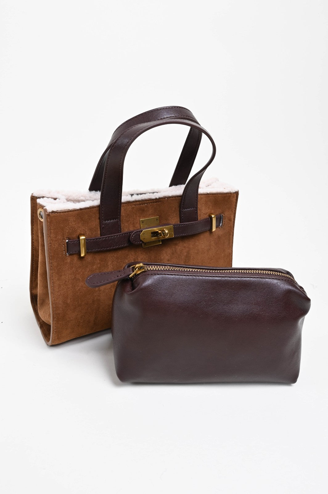 Mini Bag in Ecopelle Scamosciata con Interno Shearling e Pochette