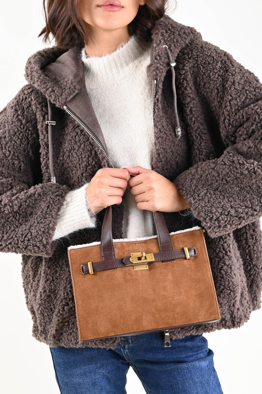 Mini Bag in Ecopelle Scamosciata con Interno Shearling e Pochette