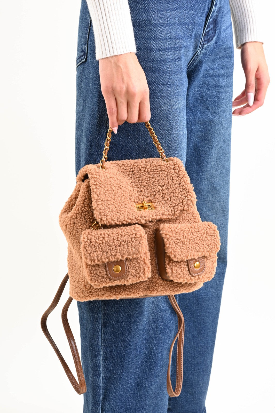 Zaino Teddy con Tasche Frontali e Dettagli Dorati – Coffee